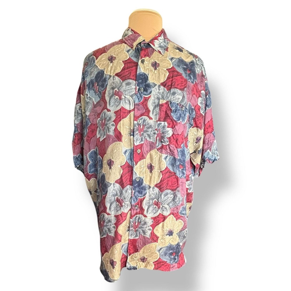 Vintage 90s Floral Silk Shirt XL Atelier De Soir Tropical Button Up Vacation Top - Picture 2 of 9